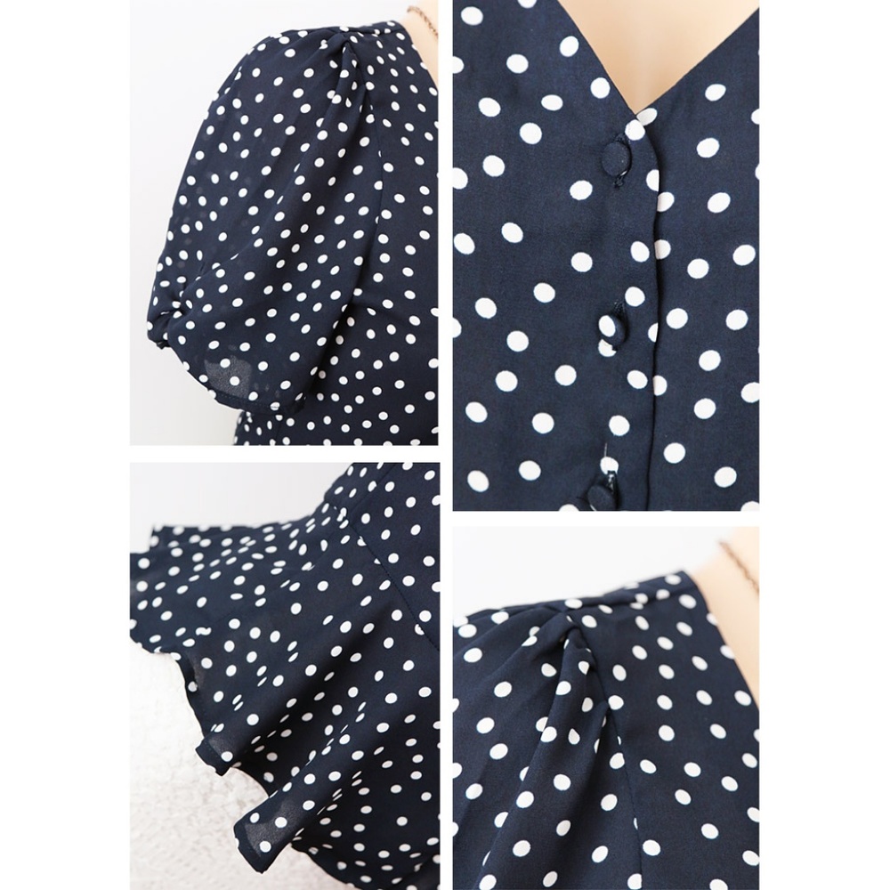 Navy Polka Dot Deep V Neck Button Peplum Shirt Top - Picture 4 of 8